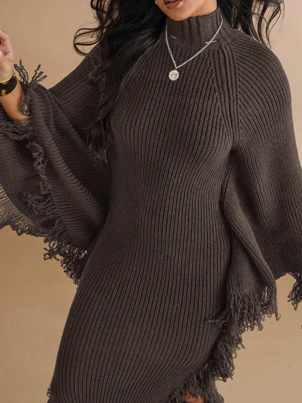 Coffee Brown Casual Women's Stand Collar Fringe Decor Side Slit Dress - Picture 6 of 6
